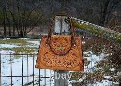 Large Vintage 70s Clifton's Hand Tooled Leather Western Hand Bag Purse