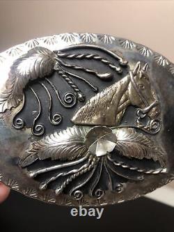 Large Vintage Belt Buckle Western Horse Stamped G M Nickel Silver Metal
