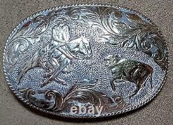 Large Vintage Crumrine Sterling Silver, 22k Gold Cutting Horse Rodeo Belt Buckle