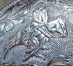 Large Vintage Crumrine Sterling Silver, 22k Gold Cutting Horse Rodeo Belt Buckle