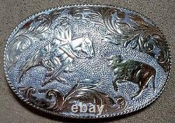 Large Vintage Crumrine Sterling Silver, 22k Gold Cutting Horse Rodeo Belt Buckle