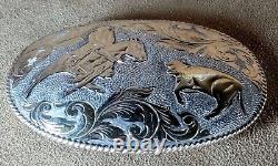 Large Vintage Crumrine Sterling Silver, 22k Gold Cutting Horse Rodeo Belt Buckle