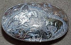 Large Vintage Crumrine Sterling Silver, 22k Gold Cutting Horse Rodeo Belt Buckle