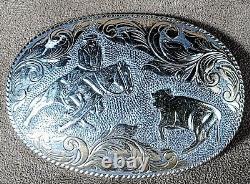 Large Vintage Crumrine Sterling Silver, 22k Gold Cutting Horse Rodeo Belt Buckle