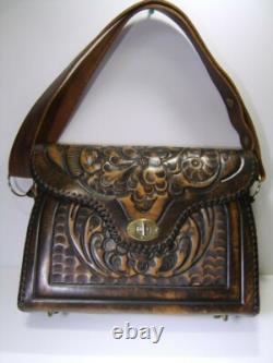 Large Vintage Hand Tooled Leather Satchel / Purse