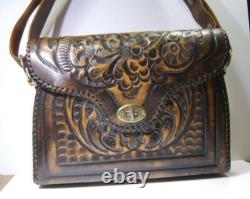Large Vintage Hand Tooled Leather Satchel / Purse
