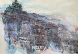 Large Vintage Palace on Mountain Landscape Painting 38x28 Castle Village signed