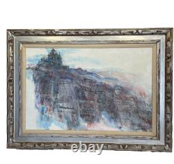 Large Vintage Palace on Mountain Landscape Painting 38x28 Castle Village signed