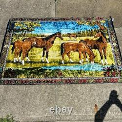 Large Vintage Velvet Horses Tapestry Cabin Decor Wall Rug Art Western 49x74
