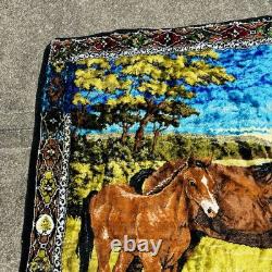 Large Vintage Velvet Horses Tapestry Cabin Decor Wall Rug Art Western 49x74