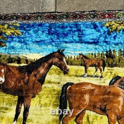 Large Vintage Velvet Horses Tapestry Cabin Decor Wall Rug Art Western 49x74