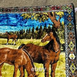 Large Vintage Velvet Horses Tapestry Cabin Decor Wall Rug Art Western 49x74