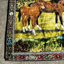 Large Vintage Velvet Horses Tapestry Cabin Decor Wall Rug Art Western 49x74