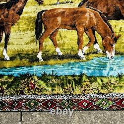 Large Vintage Velvet Horses Tapestry Cabin Decor Wall Rug Art Western 49x74