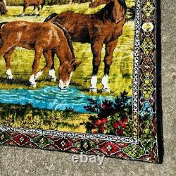Large Vintage Velvet Horses Tapestry Cabin Decor Wall Rug Art Western 49x74