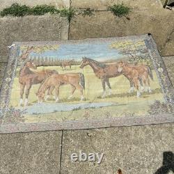 Large Vintage Velvet Horses Tapestry Cabin Decor Wall Rug Art Western 49x74