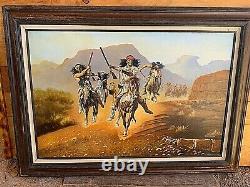 Large Vintage Western Oil painting on canvas Indians on Warpath by P Barrat