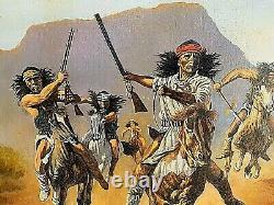 Large Vintage Western Oil painting on canvas Indians on Warpath by P Barrat
