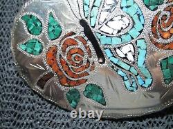 Large Western Butterfly Roses Turquoise Coral Malachite Belt Buckle! Vintage