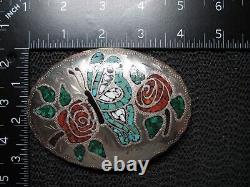 Large Western Butterfly Roses Turquoise Coral Malachite Belt Buckle! Vintage