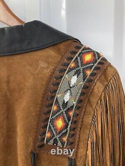 Lariat Leather Coat Fringed Beaded Southwest Suede Made in USA Sz Large Vintage