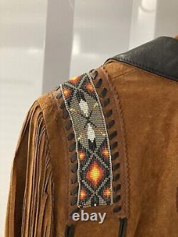 Lariat Leather Coat Fringed Beaded Southwest Suede Made in USA Sz Large Vintage