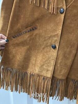 Lariat Leather Coat Fringed Beaded Southwest Suede Made in USA Sz Large Vintage