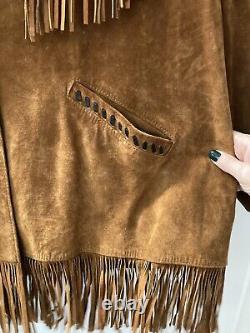 Lariat Leather Coat Fringed Beaded Southwest Suede Made in USA Sz Large Vintage