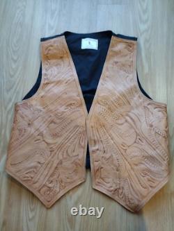 Leaders in Leather vintage 90's hand tooled Brown leather vest Sz Lg Unisex