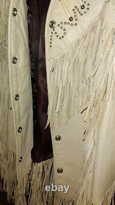 Leather Gallery Southwest Western Beige Leather Studded & Fringes Jacket sz L
