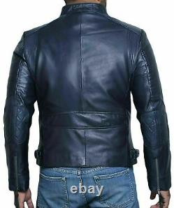 Leather Jacket Men Navy Blue Genuine Winter Cafe Racer Leather Motorcycle Jacket