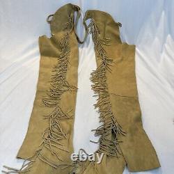 Lenzip Beige Heavy Leather Fringe Western Cowboy Chaps Pants