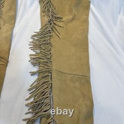 Lenzip Beige Heavy Leather Fringe Western Cowboy Chaps Pants