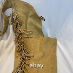 Lenzip Beige Heavy Leather Fringe Western Cowboy Chaps Pants