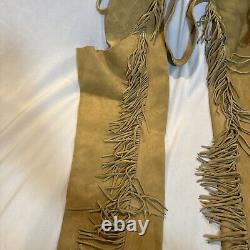 Lenzip Beige Heavy Leather Fringe Western Cowboy Chaps Pants