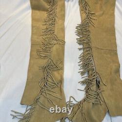 Lenzip Beige Heavy Leather Fringe Western Cowboy Chaps Pants