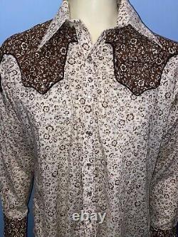 MENS Vintage Long Sleeve ROCKMOUNT RANCH WEAR Snap Button Large 16.5 35 Brown Fl