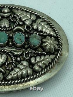 MONTANA VTG Alpaca Mexico Native American LRG Turquoise Leaf Concho Belt Buckle