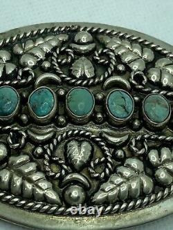 MONTANA VTG Alpaca Mexico Native American LRG Turquoise Leaf Concho Belt Buckle