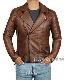 Men Antique Brown Authentic Lambskin Natural Leather Jacket Motorcycle Coat