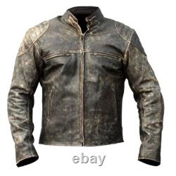 Men Biker Antique Motorcycle Black Vintage Cafe Racer Distressed Leather Jacket