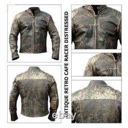 Men Biker Antique Motorcycle Black Vintage Cafe Racer Distressed Leather Jacket