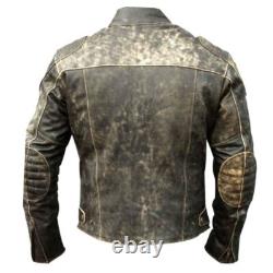 Men Biker Antique Motorcycle Black Vintage Cafe Racer Distressed Leather Jacket