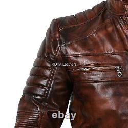 Men Genuine Cowhide Real Leather Jacket Motorcycle Cow Style Antique Brown Coat