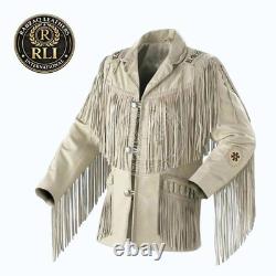 Men Western Cowboy Suede Fringe Jacket Beaded Native American Leather Coat