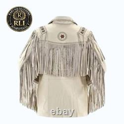 Men Western Cowboy Suede Fringe Jacket Beaded Native American Leather Coat