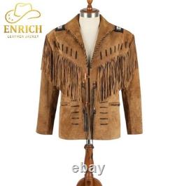 Men Western Cowboy Suede Fringe Jacket Beaded Native American Leather Jacket