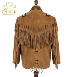 Men Western Cowboy Suede Fringe Jacket Beaded Native American Leather Jacket