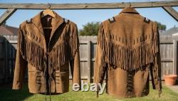 Men Western Cowboy Suede Fringe Jacket Beaded Native American Leather Jacket