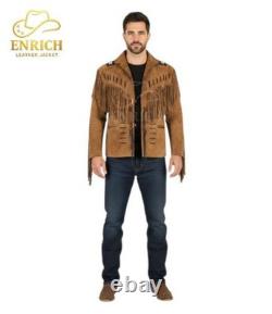 Men Western Cowboy Suede Fringe Jacket Beaded Native American Leather Jacket